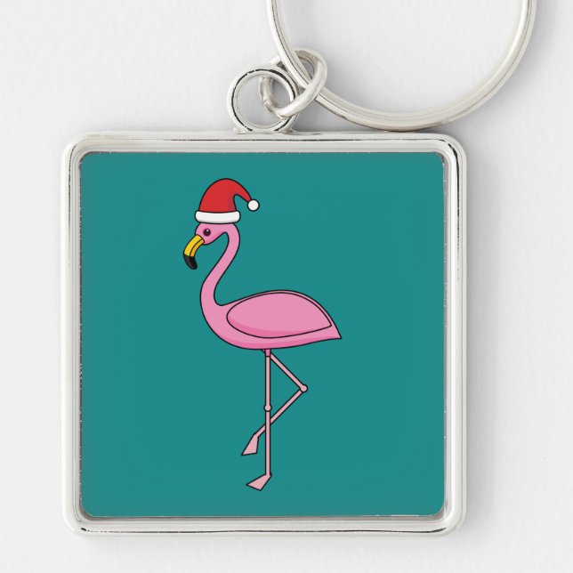 Julflamingo med Santa Hat Fyrkantig Silverfärgad Nyckelring (Framsidan)