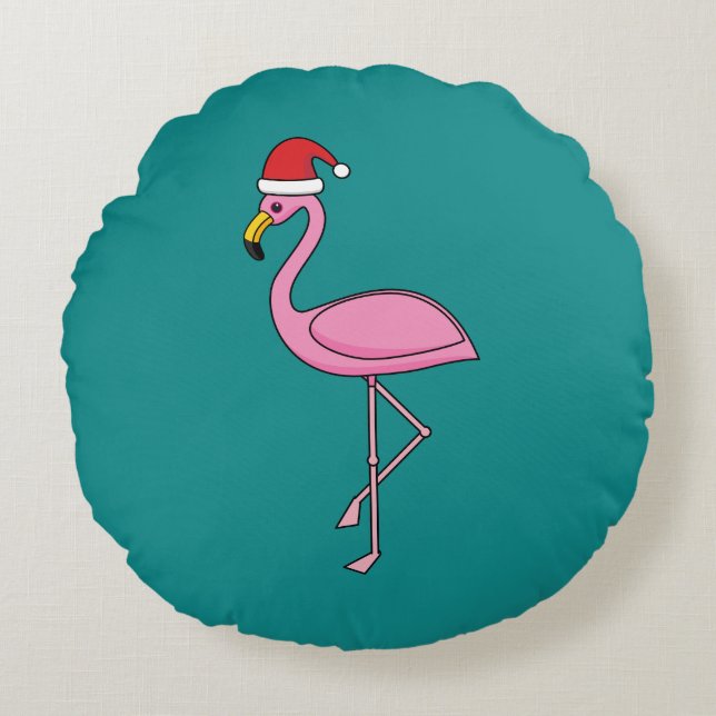 Julflamingo med Santa Hat Rund Kudde (Framsidan)