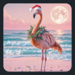Julflamingo på Rosa Beach Fyrkantigt Klistermärke<br><div class="desc">En flamingo står på en strand med en julkrans och en julhatt mot bakgrund av ett rosa fullt måne och ett färgstarkt solnedfall</div>