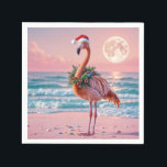 Julflamingo på Rosa Beach Pappersservett<br><div class="desc">En flamingo står på en strand med en julkrans och en julhatt mot bakgrund av ett rosa fullt måne och ett färgstarkt solnedfall</div>