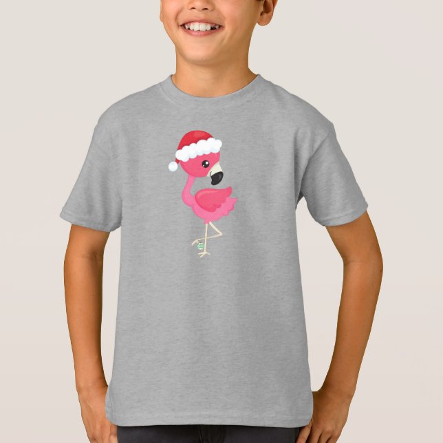 Julflamingo, Rosa Flamingo, Santa Hat, Bird T Shirt (Framsida)