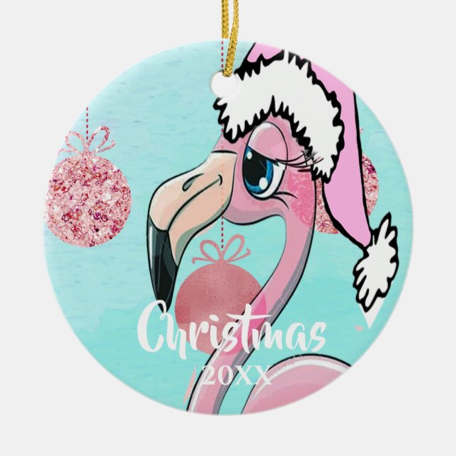 Julflamingo Santa Hat Blue Rosa Girly Cute Julgransprydnad Keramik (Framsidan)