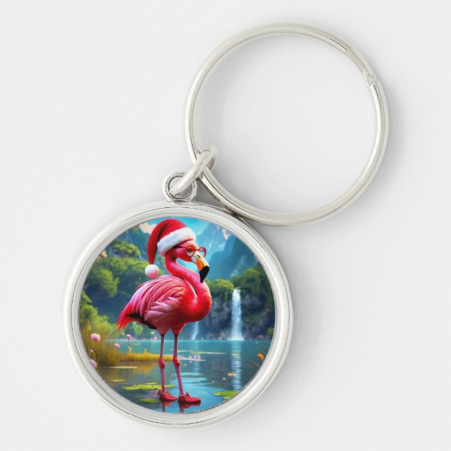Julflamingo som Jultomten-47476-klocka Rund Silverfärgad Nyckelring (Framsidan)