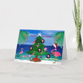 Julflamingos dekorerar ett träd Julhälsning. Tack Kort