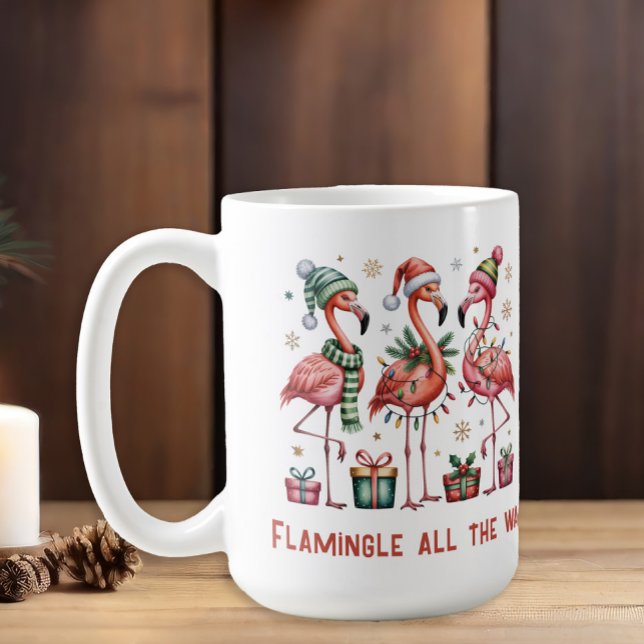 Julflamingos Flamingle hela vägen Kaffemugg ("Flamingle all the way" funny three flamingos Christmas coffee mug)