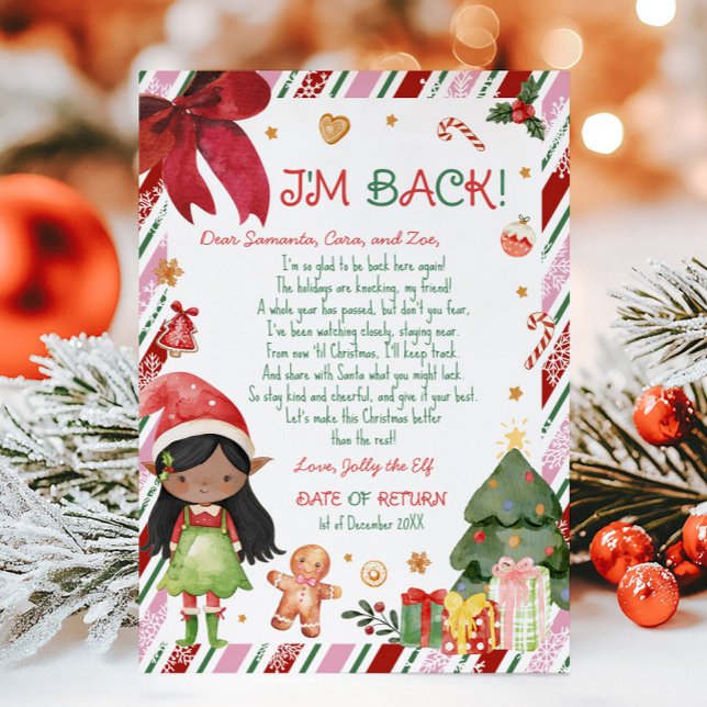 Julflicka Brev från Elf Brev Card Inbjudningar (Christmas Dark Black Hair Dark Brown Girl Letter from Elf Letter Card)