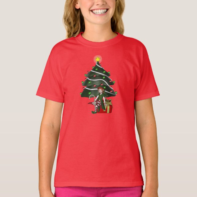Julflicka Elf Träd Present Kids Cute T Shirt (Framsida)
