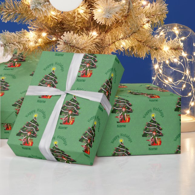 Julflicka Elf Träd Pressmeddelande Cute Personlig Presentpapper (Helgdagar)