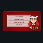 Julflicka-head-03.png-etikett Fraktsedel<br><div class="desc">Utformning med en illustration av en söt leende lycklig-flicka med svart kort-hår,  hon bär röd och vit Jultomten-dräkt och håller en present. Med redigerbar textmall för ditt namn eller meddelande,  juldesign med röd bakgrund,  helgdagar med röd bakgrund</div>