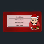 Julflicka-head-03.png-etikett Fraktsedel<br><div class="desc">Utformning med en illustration av en söt leende lycklig-flicka med svart kort-hår,  hon bär röd och vit Jultomten-dräkt och håller en present. Med redigerbar textmall för ditt namn eller meddelande,  juldesign med röd bakgrund,  helgdagar med röd bakgrund</div>