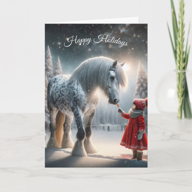 Julflicka med äpple Grått Horse Helgkort (Framsida)