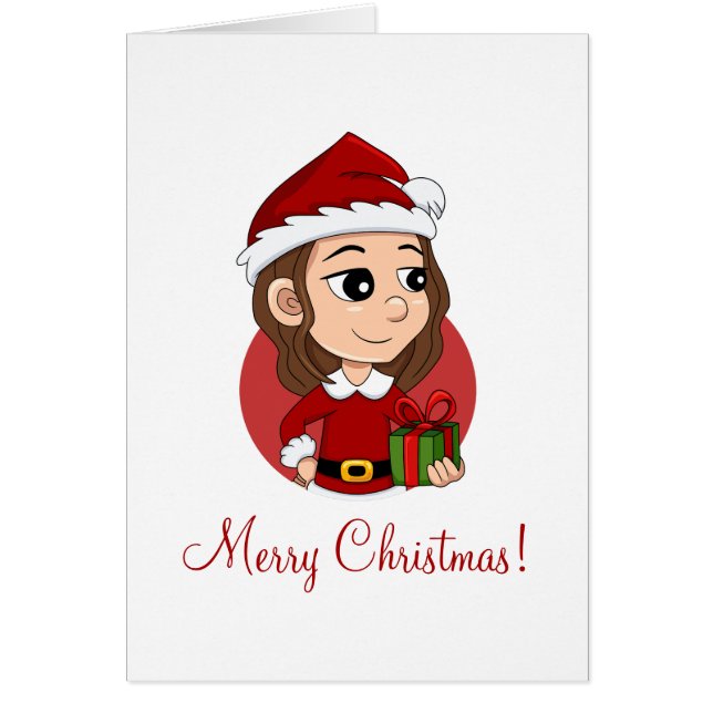 Julflicka med brunt vågigt hår hälsningskort (Framsidan)