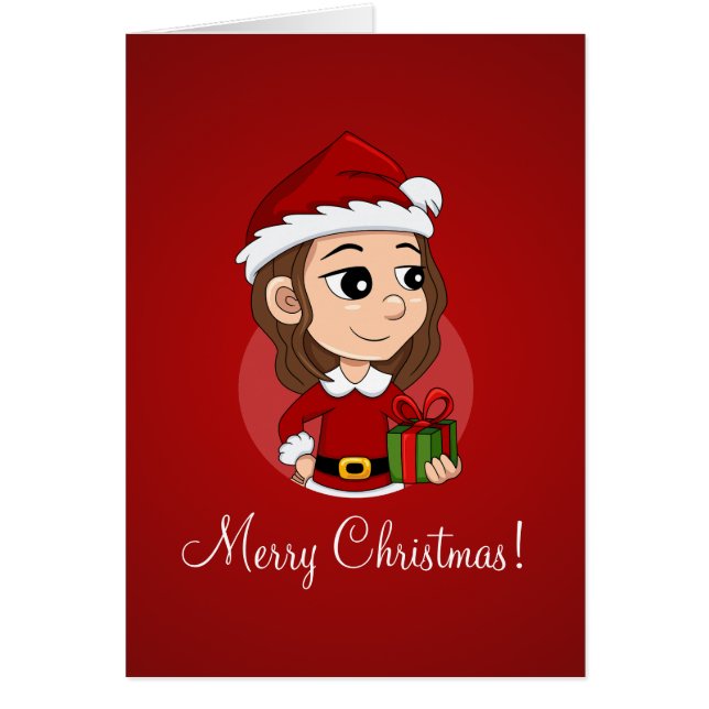 Julflicka med brunt vågigt hår hälsningskort (Framsidan)