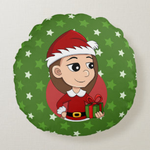 Julflicka med långt brunt hår rund kudde