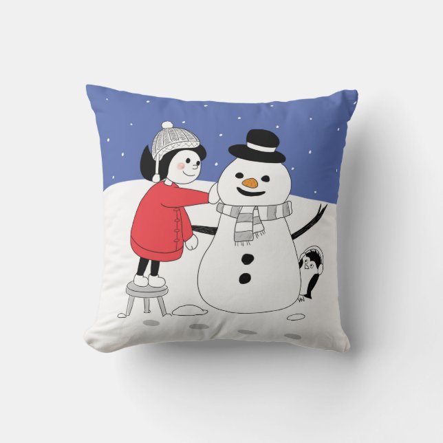 Julflicka och Snögubbe Cushion Kudde (Framsida)