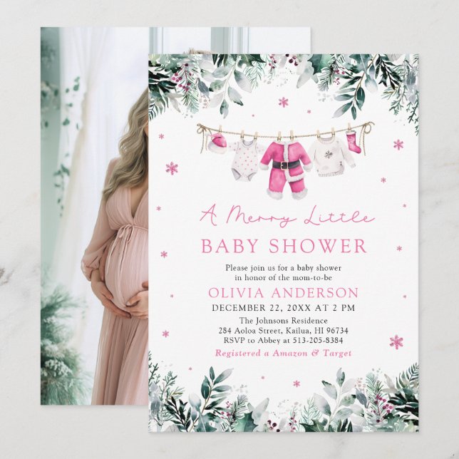 Julflicka Rosa A Merry Little Shower Inbjudningar (Fram/baksida)