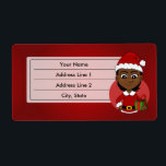 Julflickans tecknad fraktsedel<br><div class="desc">Utformning med en illustration av en söt,  leende svart flicka i lycklig med kort hår,  hon bär röd och vit Jultomten-dräkt och håller en present. Med redigerbar textmall för ditt namn eller meddelande,  juldesign med röd bakgrund,  helgdagar med röd bakgrund</div>