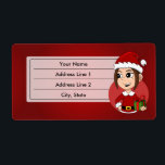 Julflickans tecknad fraktsedel<br><div class="desc">Utformning med en illustration av en söt,  leende lycklig-flicka med långt brunt hår,  hon bär röd och vit Jultomten-dräkt och håller en present. Med redigerbar textmall för ditt namn eller meddelande utformar helgdagar för jul med röd bakgrund</div>