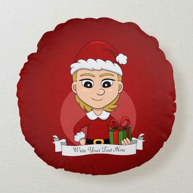 Julflickans tecknad runt kudde (Framsidan)