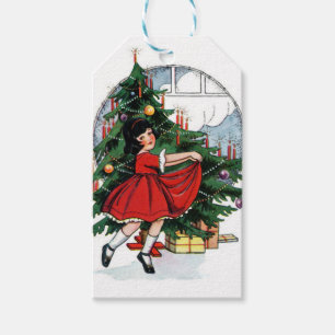 Julflickans Vintage Illustration Presentetikett