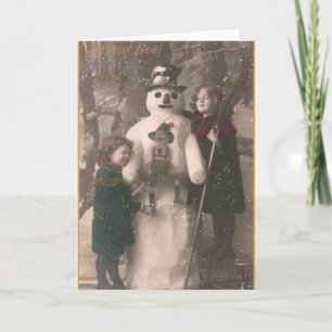 Julflickor och Snögubbe Vintage Photo Helgkort