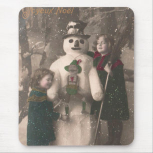 Julflickor och Snögubbe Vintage Photo Musmatta