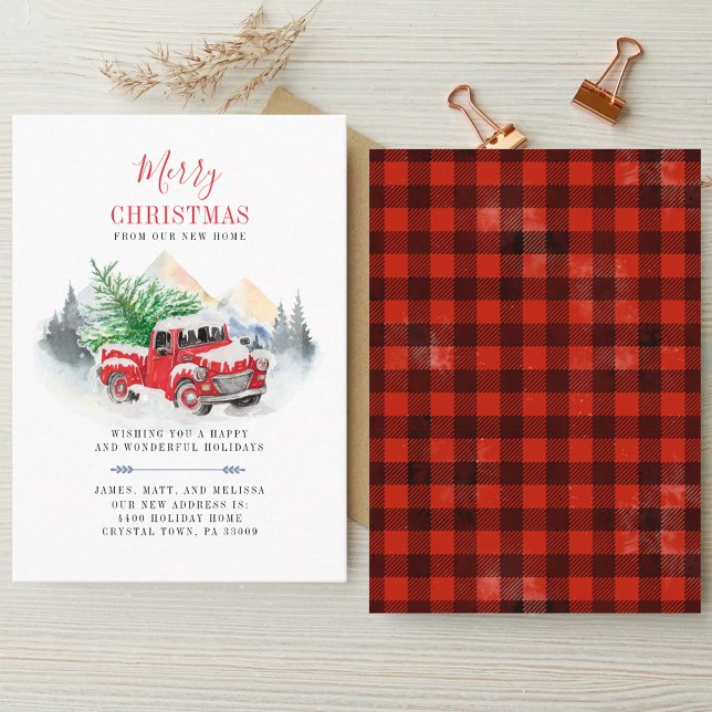 Julförändringen i Adress Red Lastbil Flytta Visitkort (Rustic Plaid Christmas Red Truck Holidays Moving Announcement)