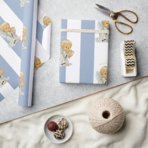 Julförpackning Blå & Vit Randig Ängel Bebis Presentpapper