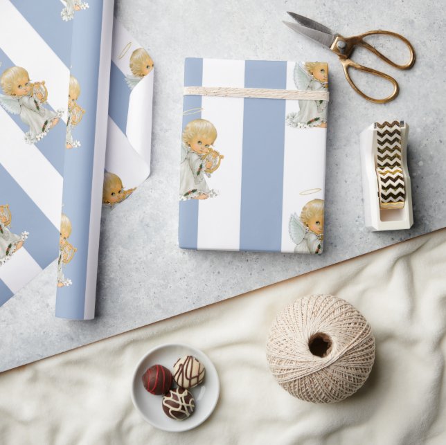 Julförpackning Blå & Vit Randig Ängel Bebis Presentpapper (Hantverk)