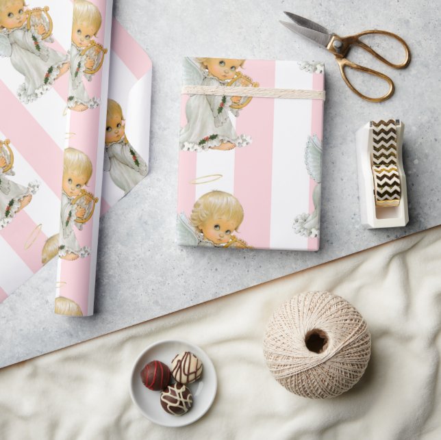 Julförpackning Rosa & Vit Randig Ängel Baby Presentpapper (Hantverk)
