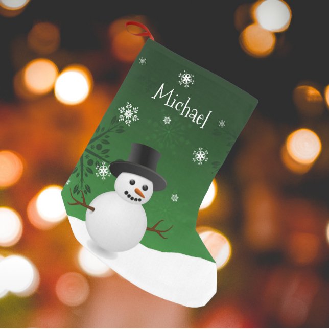 Julförråd i Snögubbe-vinterscenen i grönt Liten Julstrumpa (Green Snowman Winter Scene Christmas Stocking)