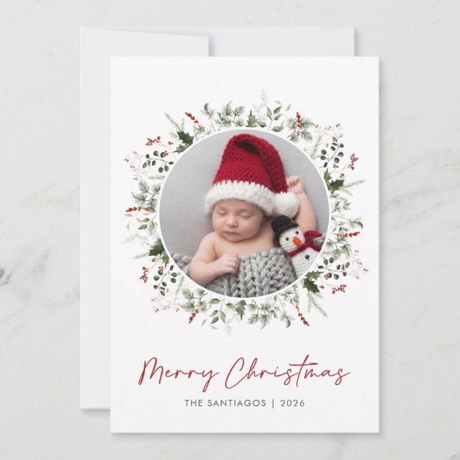 Julfoto av botaniskt grönt julkort (Framsida)