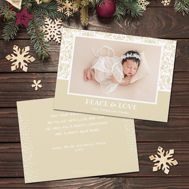 Julfoto av Cream och White Damask Julkort (Cream and white damask design Christmas photo holiday cards, PRINTED and/or INSTANT DOWNLOAD)