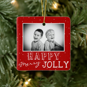 Julfoto av lycklig Merry Red White Typography Julgransprydnad Keramik