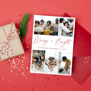 Julfoto av Merry och Bright Red Calligraphy Julkort
