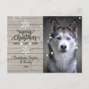 Julfoto av Rustic Wood och Snöflingor Hund Vykort