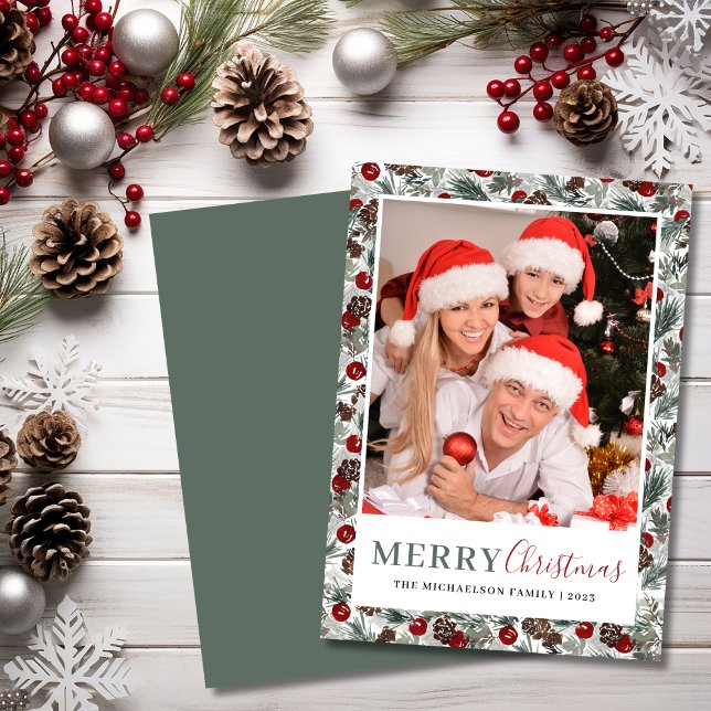 Julfoto, botanisk Blommigt Julkort (Christmas Photo Botanical Floral Holiday Card)