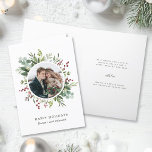 Julfoto, botaniskt grönt helgkort<br><div class="desc">Denna fotojul | Vikta kort med Helgdag har färgat eukalyptus,  grönt löv,  röda bär,  gräs grenar och ett cirkelfoto med valfri text inuti. Om du vill ha en mer avancerad anpassning av den här designen klickar du på länken "anpassa ytterligare". Matchande objekt är också tillgängliga.</div>