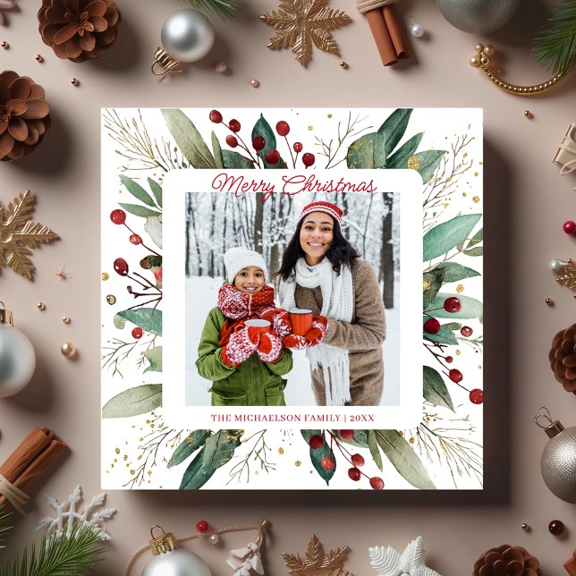Julfoto, botaniskt grönt julkort (Botanical Greenery Christmas Photo Holiday Card)