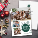 Julfoto Collage Träd Ornament Grönt Julkort<br><div class="desc">Skicka dina julhälsningar till din familj och dina vänner med det här moderna lilla fotojulkortet. Utformningen har ett sött träd-dekoreringsgrafik och utrymme för 3 bilder... 1-vågrät och 2 mindre kvadratiska bilder. Lägg till ett eget personligt meddelande på baksidan eller använda det meddelande som visas.</div>