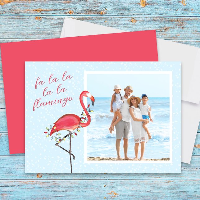 Julfoto Cute Beach Rosa Tropical Flamingo Julkort (Christmas fa la la la la flamingo photo card)
