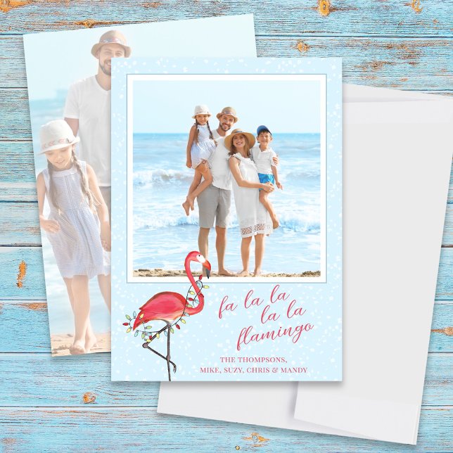 Julfoto Cute Beach Rosa Tropical Flamingo Julkort (Christmas photo card with a whimsical pink flamingo. )