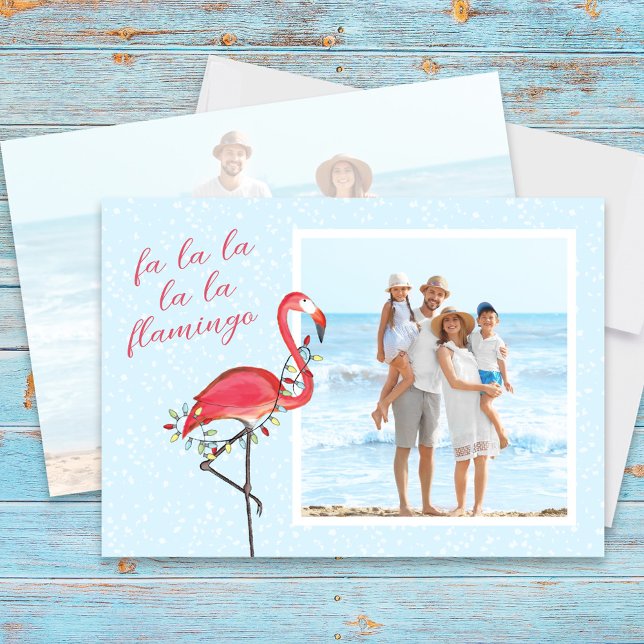 Julfoto Cute Beach Rosa Tropical Flamingo Julkort (Christmas whimsical beach theme pink flamingo photo card. )