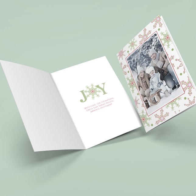 Julfoto Cute Joy Snowflake Typography Helgkort (Christmas photo card with a whimsical colorful snowflake design. Joy Typography.)