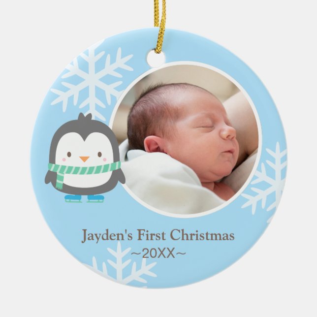 Julfoto Cute Penguin och Snöflingor Baby Julgransprydnad Keramik (Framsidan)