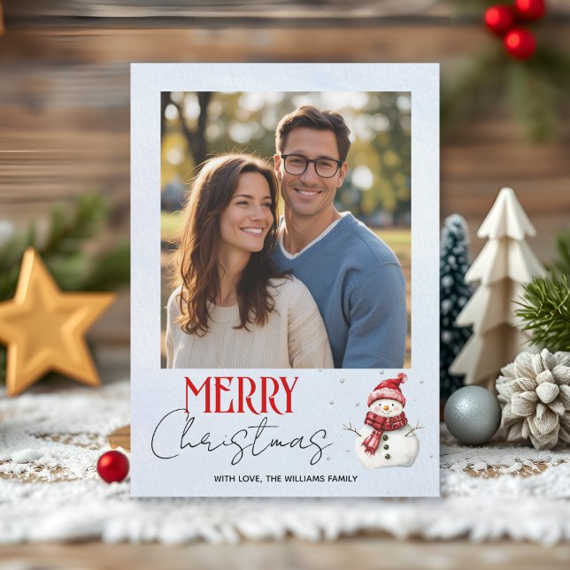 Julfoto Cute snögubbe och snö Julkort (Skapare uppladdad)