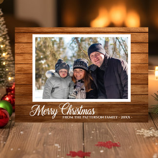 Julfoto-familjen Namn Rustic Wood 2 Side Kort