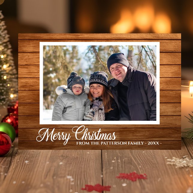 Julfoto-familjen Namn Rustic Wood 2 Side Kort (Skapare uppladdad)