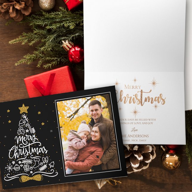 Julfoto Faux Guld Glitter Star Typography Kort (Faux Gold Glitter Star Typography Christmas Photo Card)