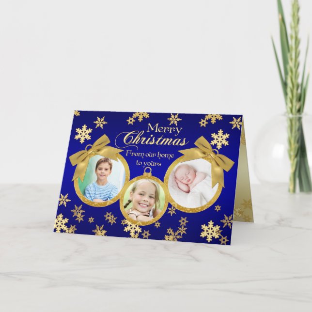 Julfoto för blå och Guld-prydnadsföremål Helgkort (Framsida)